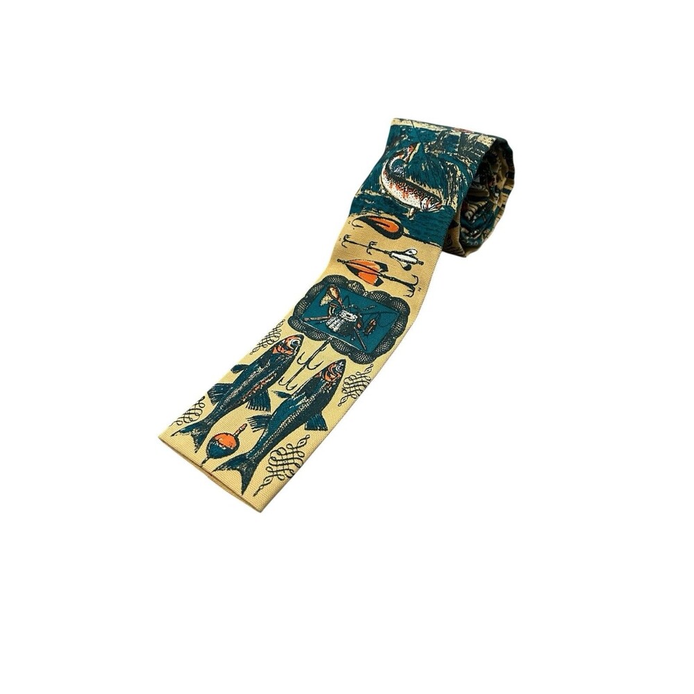 Vintage Rare ROOSTER Fishing Necktie Square Bottom Men's Skinny Tie Fly Fish